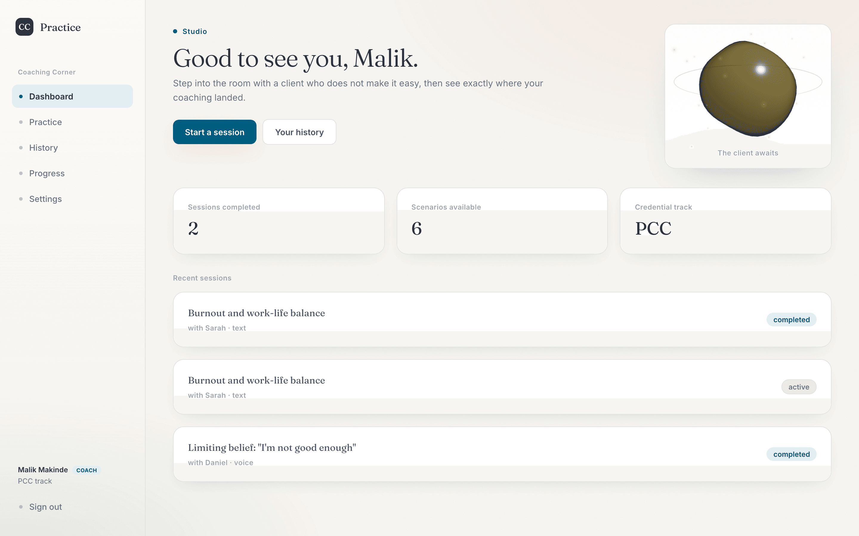 The Practice Studio dashboard: a living 3D presence representing the client, session stats and a start-a-session button