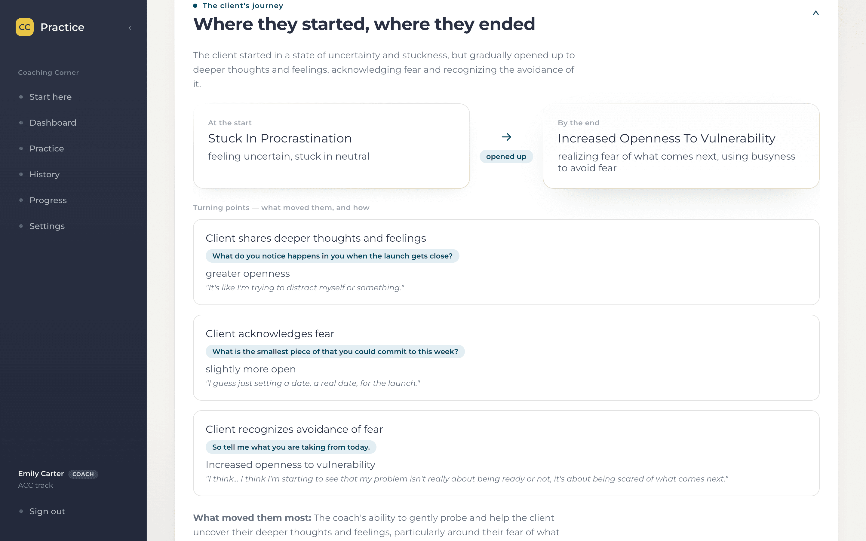 The client's journey: where they started, where they ended, and the turning points that moved them, quoted from the session
