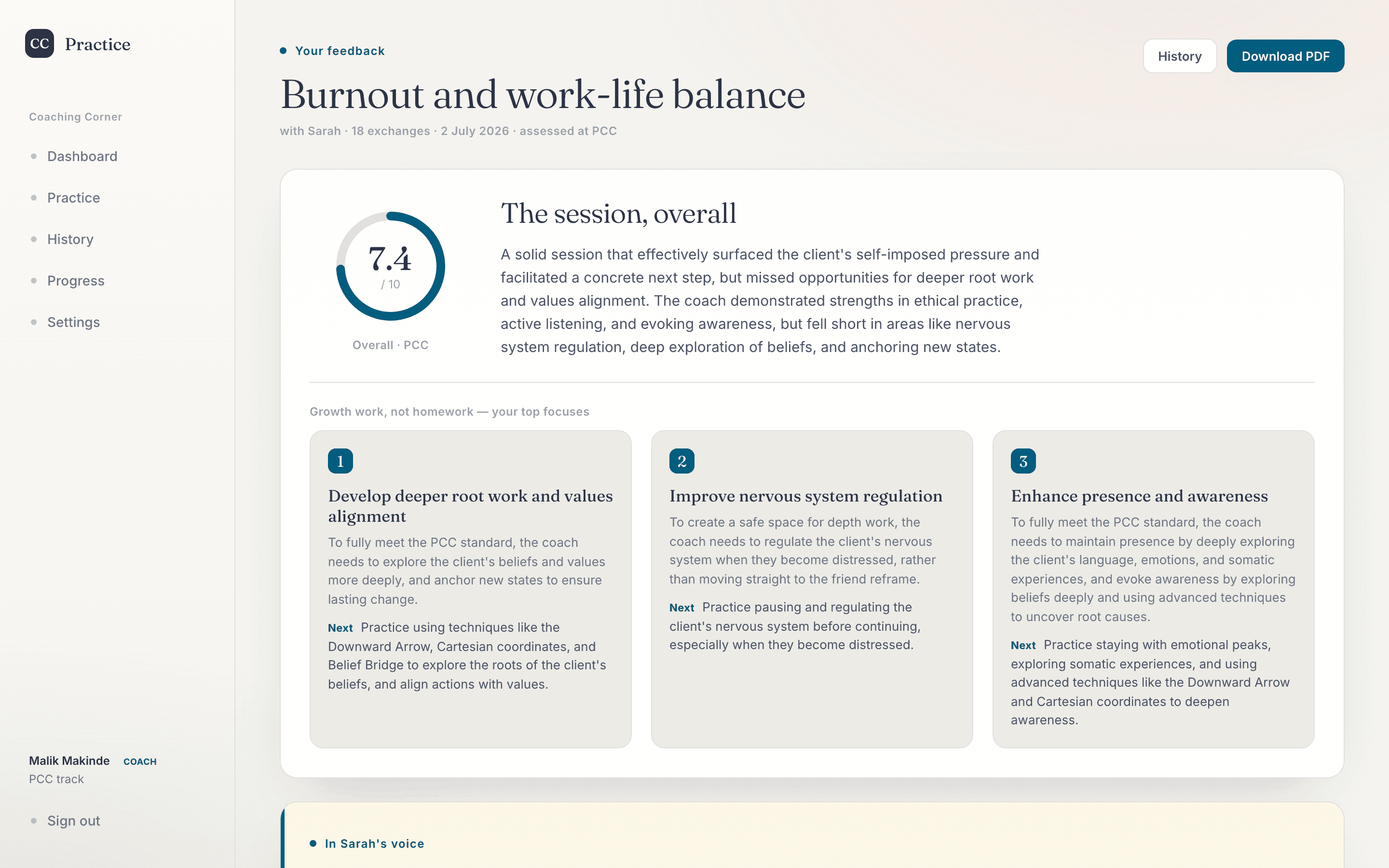 A session feedback report: overall score ring, session summary and three prioritised growth areas