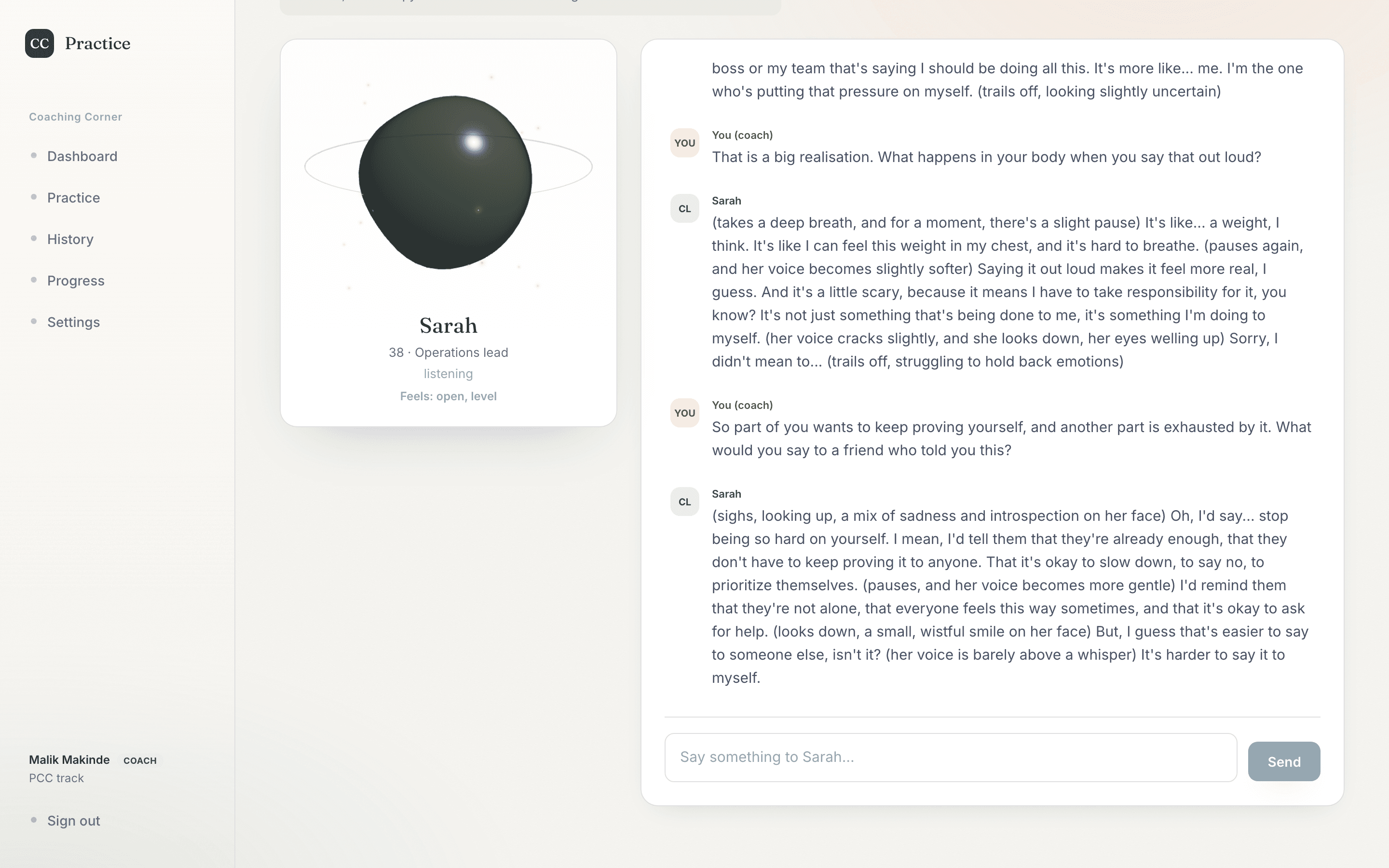 A live text coaching session: the client's animated presence beside a streaming conversation, with the client's current feeling shown